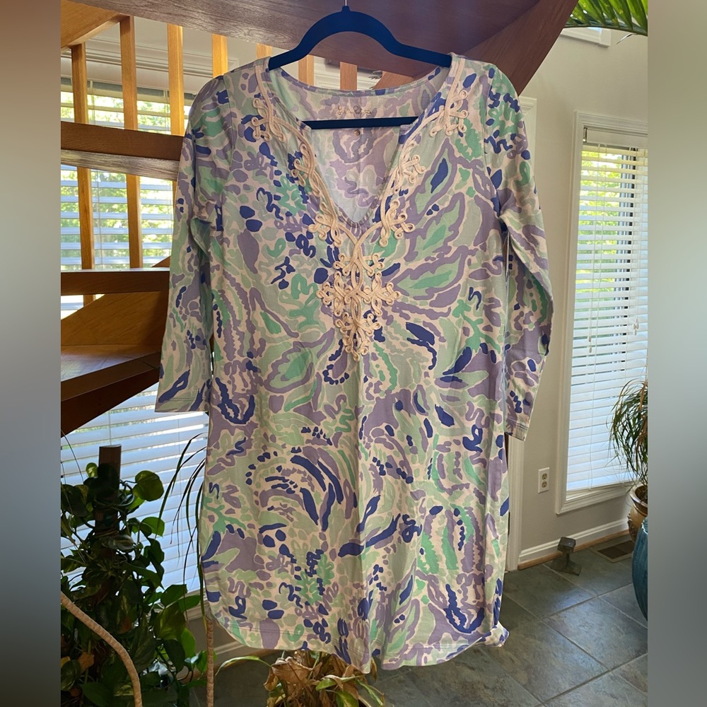 Lilly Pulitzer Blue & Purple Floral 3/4 Sleeve V Neck Shift Dres